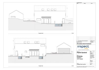 Bildet viser to fasadetegninger (Nord og Sør) av en bygning med mål og detaljer.