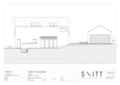 Fasadetegning av bygning sett fra sør, med høydeangivelser og grunnlinjer.