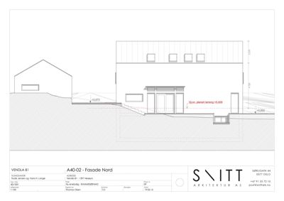 Fasadetegning av en bygning sett fra nord, med høydeangivelser og terrenglinjer.