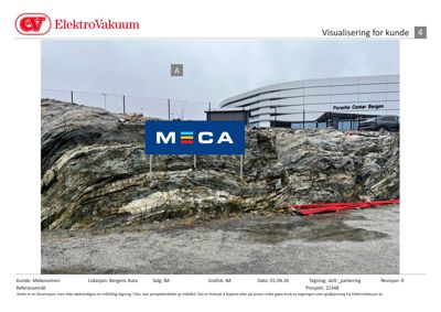 Fotografi av en bygning (Porsche Center Bergen) sett fra et lavt vinkel med en steinmur i forgrunnen.