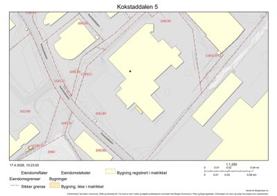 Kart over eiendom Kokstaddalen 5 med eiendomsgrenser, matrikkelnummer og bygningsfot fra Bergen kommune.