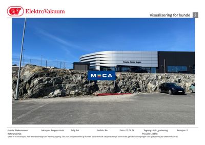 Fotografi av en bygning (Porsche Center Bergen) sett fra parkeringsplass med steinmur i forgrunnen.