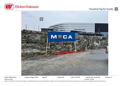 Fotografi av en bygning (Porche Center Bergen) med en stor 'MECA'-skilt i forgrunnen.