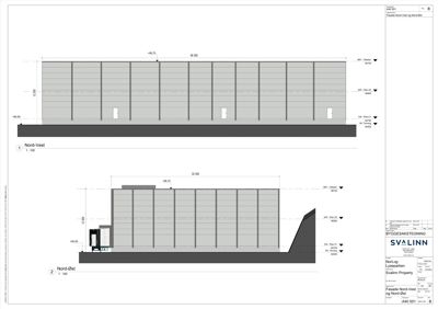 Fasadetegning som viser bygningens utseende sett fra Nord-Vest og Nord-Øst, inkludert høyder, vinduer og terrengforhold.