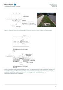 Side fra en VA-rammeplan som viser detaljtegninger (snitt og plan) av en swale/infiltrasjonsgrøft, inkludert dimensjoner og materialer.