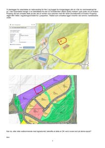 Bildet viser en epost med to kart. Det øverste er et digitalt kart fra Norgeskart som viser eiendomsgrenser, og det nedre er en situasjonsplan eller reguleringsplan som viser tomtedeling og farger for ulike arealer.