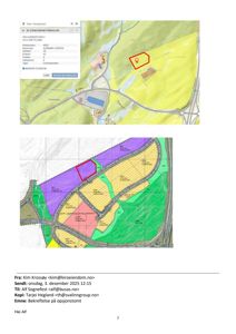 Bildet viser to kartutsnitt: øverst et digitalt kart fra Norgeskart med eiendomsinformasjon, og nederst en fargerik situasjonsplan eller arealplan med soner (f.eks. bolig, industri, grønt).