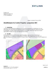 Dokumentet viser en mobilitetsplan med to kart som illustrerer arealbruk og transportforhold for Svalinn Property, Lyseparken BN1.