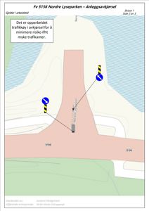 Kart som viser en anleggsavkjøring på Fv 5156 Nordre Lyseparken med trafikkøyer og veiforhold.