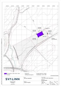 Situasjonsplan som viser tomtens form, byggegrenser, eiendomsgrenser og plassering av det planlagte bygget (BRYA) med koordinater.