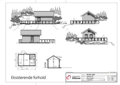Fasadetegning som viser bygningens utsyn fra flere vinkler, inkludert etasjeplan og snitt.
