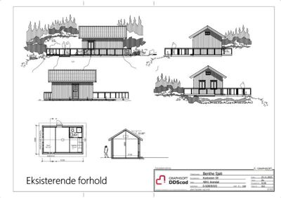 Fasadetegning som viser bygningens utsyn fra flere vinkler, inkludert etasjeplan og snitt.