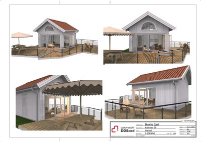 Bildet viser fire ulike vinkler på en 3D-visualisering av en planlagt hytte med terrasse og solseil.