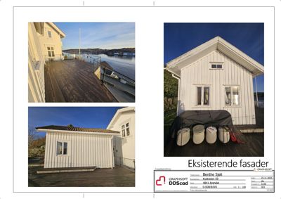 Fotografier av eksisterende fasader på en bygning ved Kystveien 59, Arndal.
