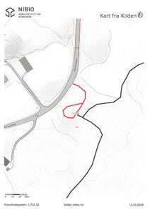 Kart som viser et terreng med konturlinjer, veier (Bergsjøvegen) og en markert tomt (144/1) med areal 113 m². Kartet er generert fra Kilden.
