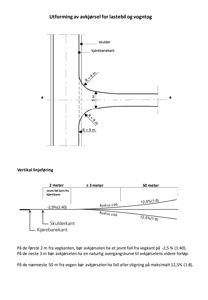 Tegning som viser detaljert utforming av avkjørsel for lastebil og vogntog, inkludert horisontale kurver, vertikale linjeføringer og spesifikke krav til fall og radius.