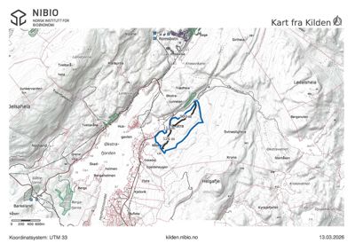 Kart over et område i Romsbotn med topografiske detaljer, stier og en markert rute.