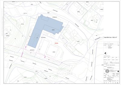 Situasjonsplan som viser bygningens plassering på tomten i forhold til veier og høydeforhold.