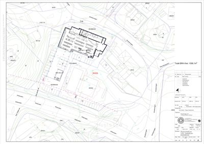 Situasjonsplan som viser bygningens plassering på tomten i forhold til nabolag, veier og høydeforhold.