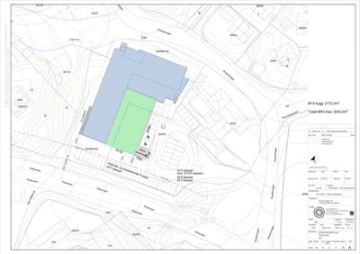 Situasjonsplan som viser bygningens plassering på tomten i forhold til nabolag, veier og høydeforhold.