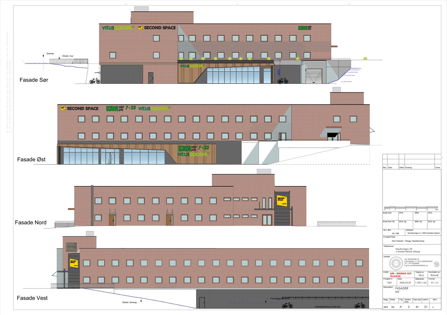 Bildet viser fasadetegninger for en bygning sett fra fire sider (Sør, Øst, Nord, Vest).