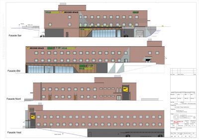 Bildet viser fasadetegninger for en bygning sett fra fire sider (Sør, Øst, Nord, Vest).