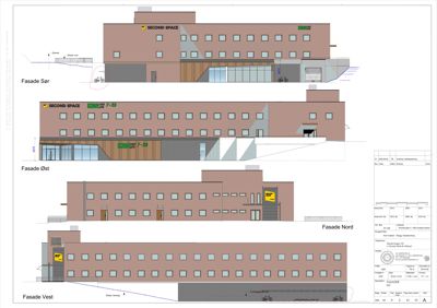 Bildet viser fasadetegninger for fire sider av en bygning (Sør, Øst, Nord, Vest) med arkitektoniske detaljer.