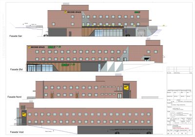 Bildet viser fasadetegninger for en bygning sett fra fire ulike sider (Sør, Øst, Nord, Vest).