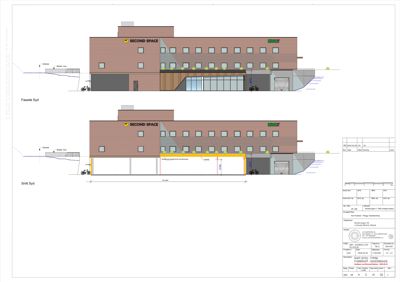 Bildet viser en fasadetegning (Fasade Syd) og en tilhørende snittegning (Snitt Syd) av en bygning.