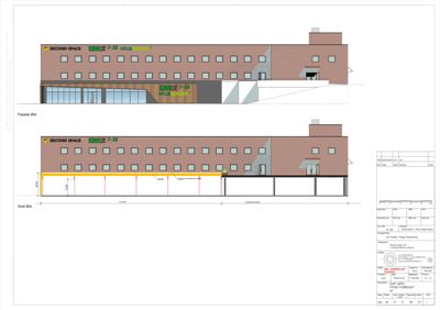 Bildet viser en fasadetegning med et snitt (Snitt Øst) og en oppriss (Fasade Øst) av en bygning.