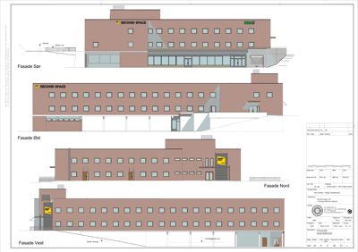 Bildet viser fasadetekninger for en bygning med navn 'SECOND SPACE'. Det er tegnet for fire sider: Fasade Sør, Fasade Øst, Fasade Nord og Fasade Vest.