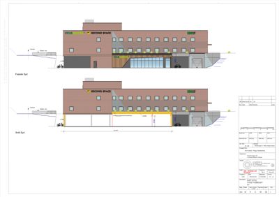Bildet viser en snittegning (Snitt Syd) av en bygning, som viser både fasade og tverrsnitt.
