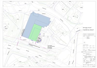 Situasjonsplan som viser bygningens plassering i forhold til nabolag, vegnett og terrengforhold.