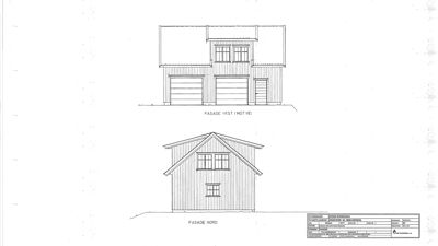 Tegning som viser fasadeopprikk for en bygning, med to utsnitt (vest og nord) og en tegningsblokk i hjørnet.