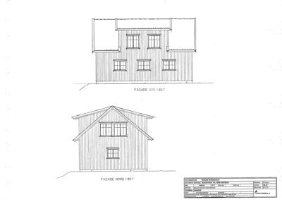 Tegning som viser fasadeopprikk for en bygning sett fra to vinkler (SØ og NØ).