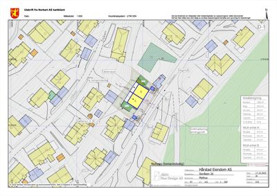 Situasjonsplan som viser bygningens plassering i forhold til nabolag, vegnett og tomtegrenser.