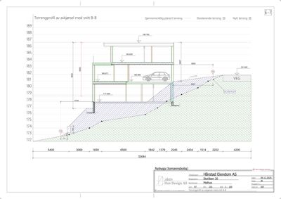 Snittegning som viser terrengprofil og bygningens høyde i forhold til terrenget.