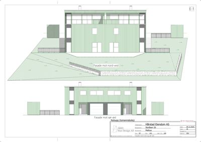 Fasadetegning som viser bygningens utseende fra to vinkler: nord-vest og sør-øst.