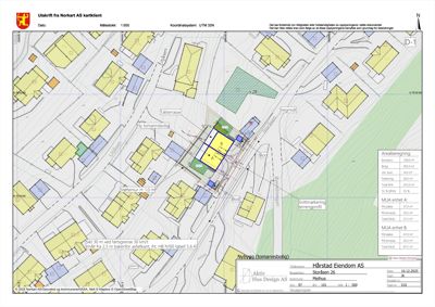 Situasjonsplan som viser tomtens plassering i forhold til nabolag, bygninger og veier, samt arealberegninger og reguleringsplaner.