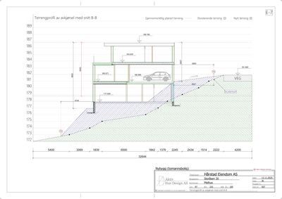 Snittegning som viser terrengprofil og bygningens tverrsnitt med høydemål.