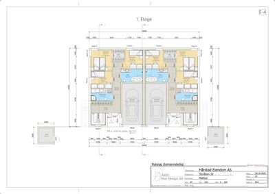Etasjeplan for 1. etasje av et nybygd hus, som viser romfordeling, størrelser og plassering av soverom, bad og garasje.