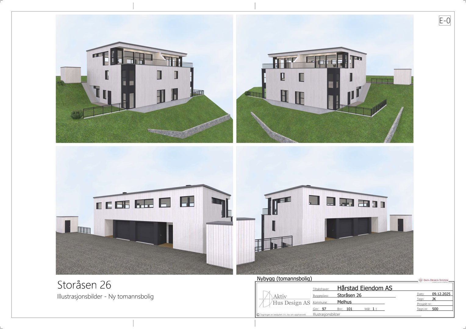 Bildet viser fire 3D-visualiseringer (renderinger) av en planlagt tomannsbolig, inkludert fasade og garasje.