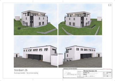 Bildet viser fire 3D-visualiseringer (renderinger) av en planlagt tomannsbolig, inkludert fasade og garasje.