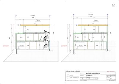 Tegning som viser snitt A-A og B-B av en bygning, med mål og romnummer.