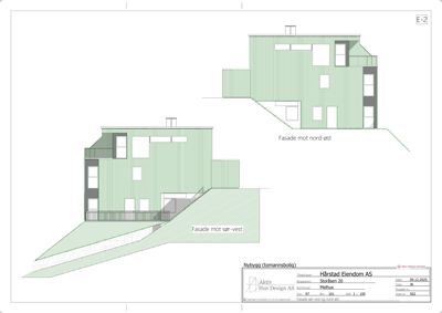Fasadetegning som viser bygningens utseende sett fra to ulike vinkler (nord-øst og sør-vest).