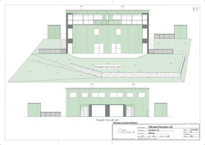 Fasadetegning som viser bygningens utseende sett fra nord-vest og sør-øst.