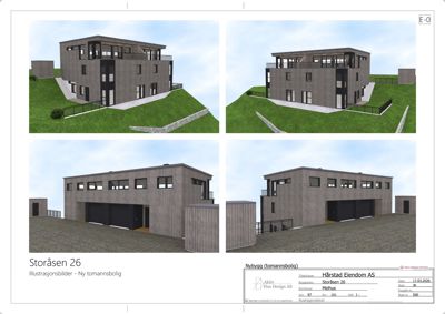 Bildet viser en side med fire 3D-visualiseringer (renderinger) av et planlagt hus, inkludert en garasje og en boligdel, sett fra ulike vinkler.