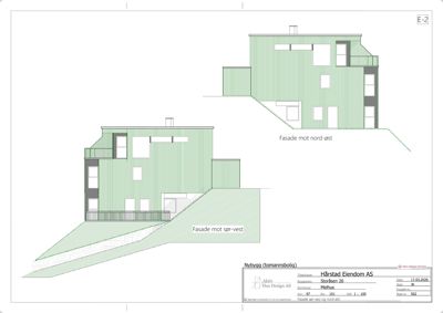 Fasadetegning som viser bygningens utseende fra to vinkler (nord-øst og sør-vest).