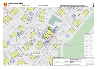 Situasjonsplan som viser tomtens plassering i forhold til nabolag, veggrenser og bygninger.