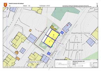 Situasjonsplan som viser tomtens beliggenhet i forhold til nabolag, veier og andre arealbruk.